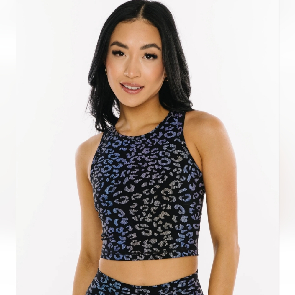 Zyia Active Black Leopard Print Reflective Hi-Neck Stronger Tank
